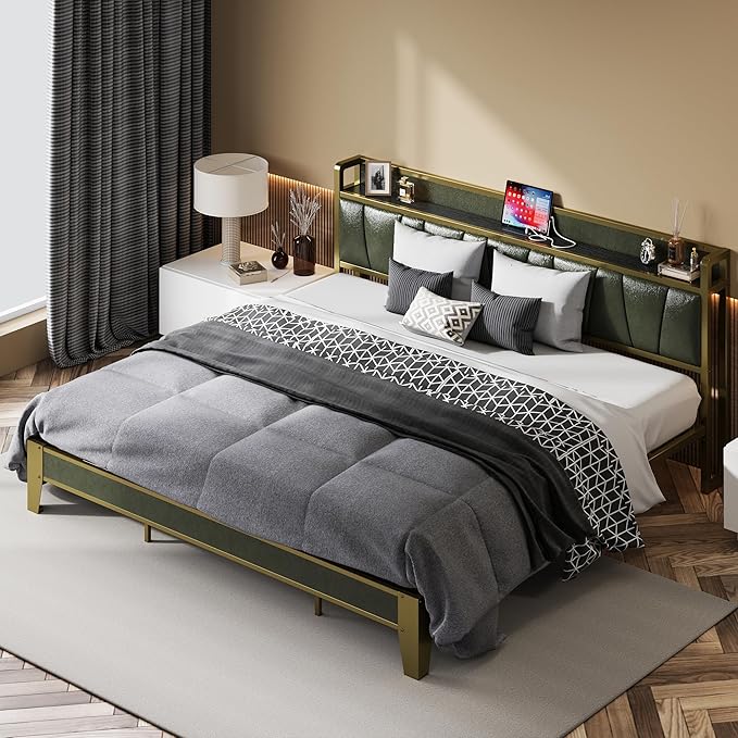 LIKIMIO California King Bed Frame, Storage Headboard with Charging Station, Solid and Stable, Noise Free, No Box Spring Needed, Easy Assembly (Dark Green)