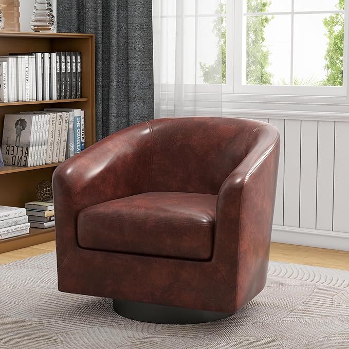 UIXE PU Leather Swivel Barrel Accent Chair, Upholstered Armchair Club Chair for Living Room, Round Arm Chair Bedroom Single Sofa Reading Seat - Red Brown