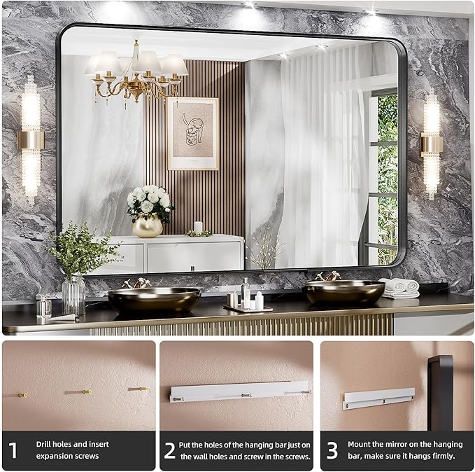 Hasipu Black Bathroom Mirror 59x39 Inch Rounded Rectangle Vanity Mirror Metal Framed Wall Mirrors Anti-Rust Surface Mount (Horizontal/Vertical)
