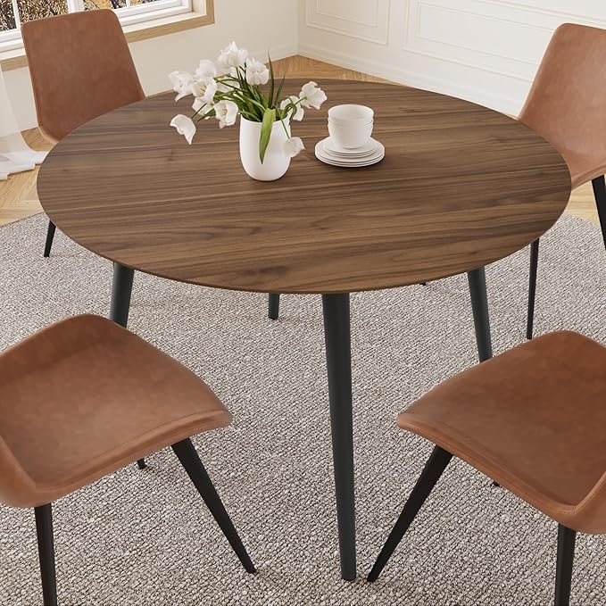 43.3 Inch Round Dining Table Set for 4, Modern Small Kitchen Coffee Set for Dining Room Kitchen Apartment (Walnut Table + 4 Brown Chairs)