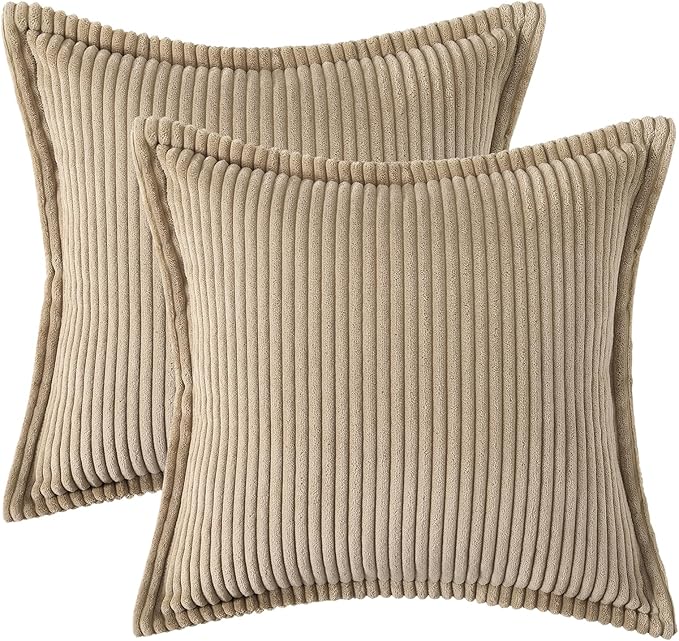 Mecatny Corduroy Throw Pillow Covers 16x16 Set of 2, Neutral Decorative Soft Boho Couch Pillow Covers with Broadside for Sofa Living Room, Khaki
