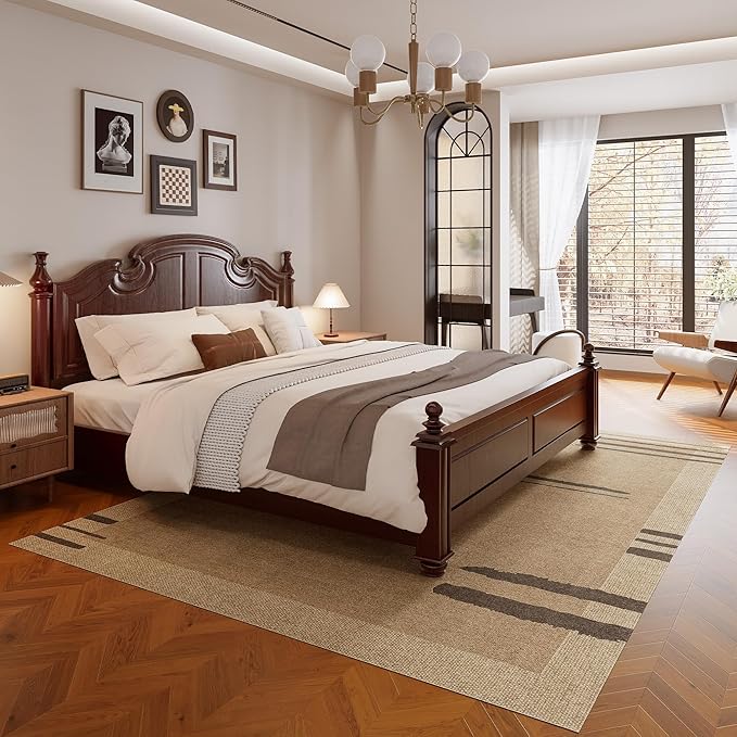 Easy Jute Area Rug 8x10, Large Living Room Washable Rug Indoor Outdoor Patio 8x10 Carpet, Farmhouse Irregular Pattern Throw Non Slip Black Carpet for Backyard Dining Room, Brown/Black