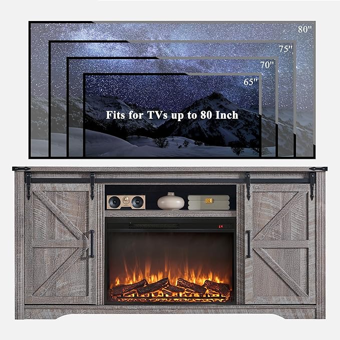 JXQTLINGMU Farmhouse Fireplace TV Stand for 80 Inch TV, 32" Tall Entertainment Center w/Drawer & Sliding Barn Door, 70 Inch Highboy Media Console for Living Room, Grey Wash