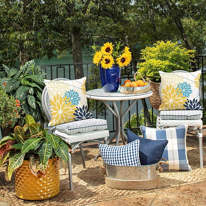 Yellow and Dark Blue Floral Pillow Covers 18x18 Set of 2 Outdoor Waterproof Decorative Throw Pillows Summer Pillow Covers Polyester Cushion Case Decor for Couch Patio Funiture Garden Porch 011B18