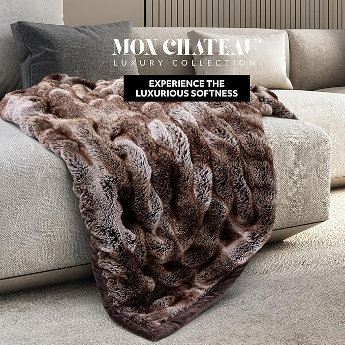 Mon Chateau Premium Reversible Luxury Faux Fur Throw for Couch, Sofa, or Bed - Plush Cozy Soft Blanket for Sleeping or Home Décor, 60" x 70" (Ruched Dark Brown)