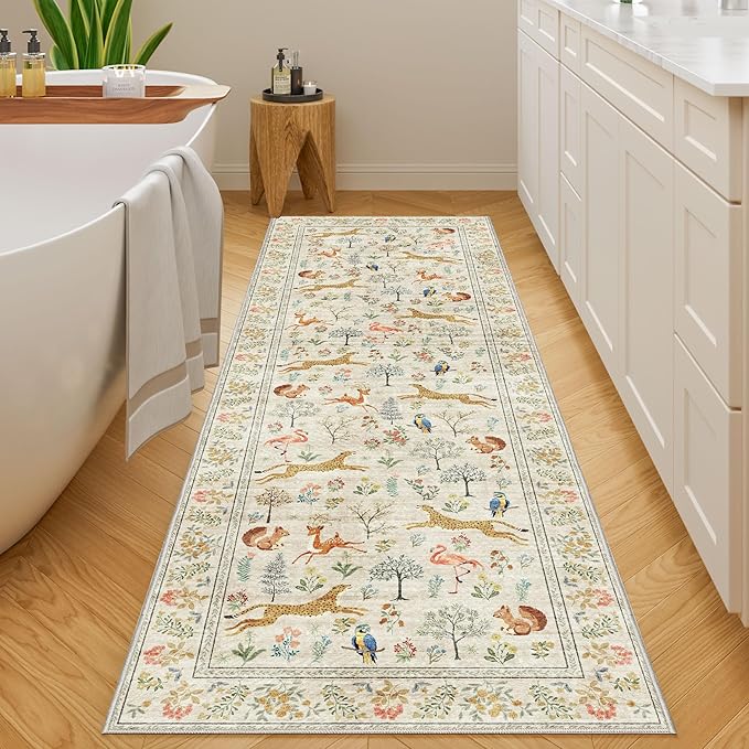 DUKINO 2.6x8 Rug for Hallway, Washable Kitchen Runner Rug with Non Slip Backing, Soft Low Pile Vintage Animal Runner for Bedroom, Kitchen, Hallway, Entryway, Laundry, Beige