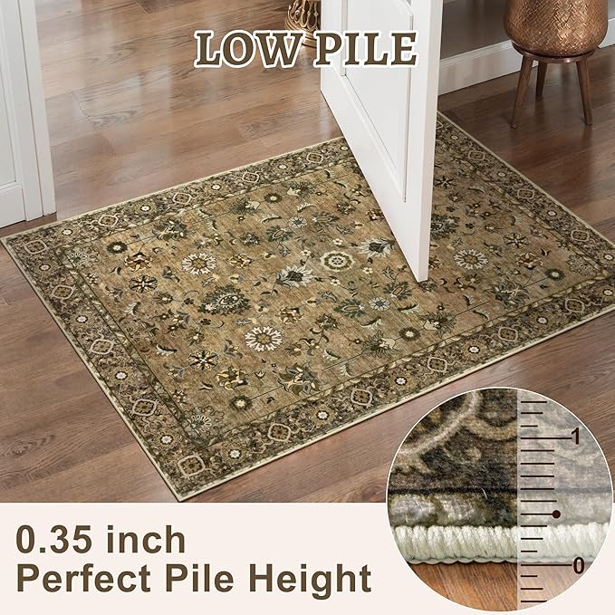 2x4 Washable Rug for Entryway, Vintage Floral Rug Non Slip Small, Indoor Front Door Runner Rugs, Print Distressed Brown Door Mat Carpet, Soft Low Pile for Entrance Kitchen Bedroom Bathroom