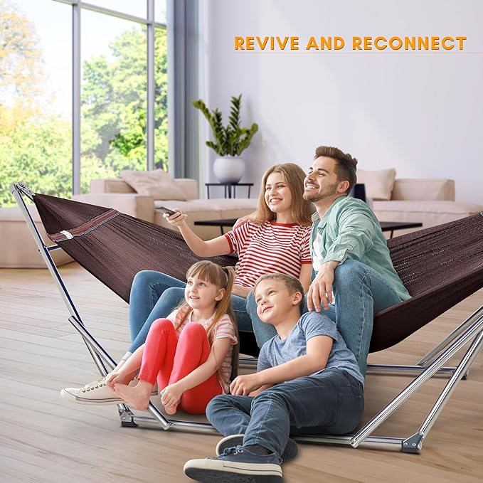 Tranquillo Double Hammock with Stand 650lb Capacity Double Hammock with Spreader Bar, Solid Grade 201 Stainless Steel 30s Set Up, Sturdy Flexible Hammock Stand Portable, Outdoor Indoor, Brown