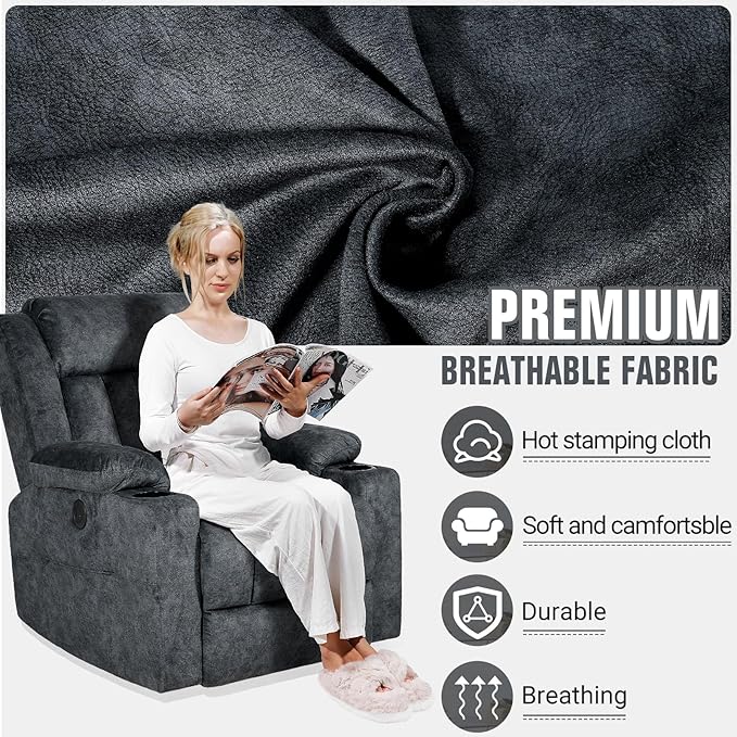 LEVELEVE Retro Rocking Recliner Chair, Massage Rocker Recliner Chair with Vibration Massage and Heat, USB and Type-C Ports,360° Swivel Chairs,Living Room, Bedroom, Nursery, RV, Dark Grey