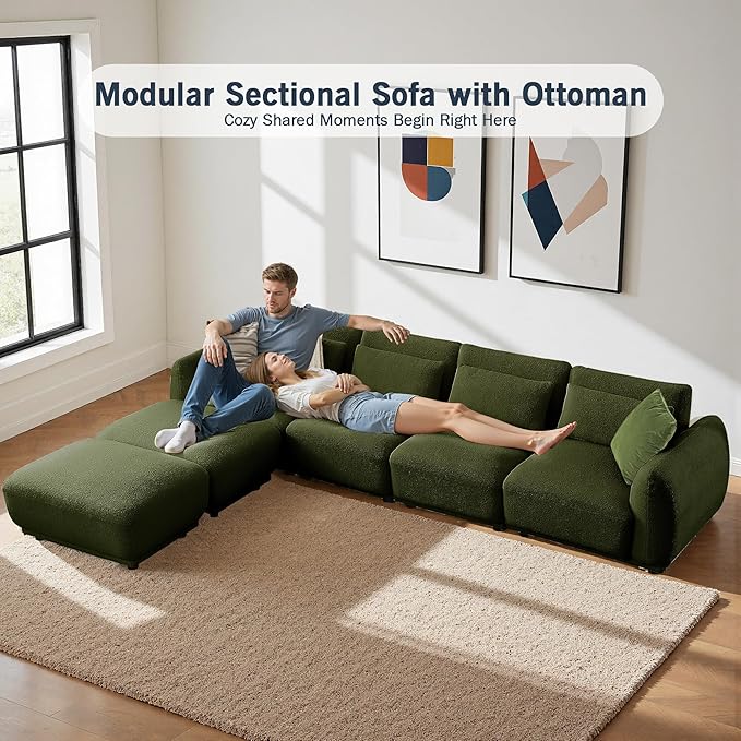 Sectional Sofa Couch, Modern Convertible U Shaped Sectional Couch with Ottoman, Modular Sectional Sofa Cloud Couches for Living Room (Green, 4 Set + 2 Ottoman)