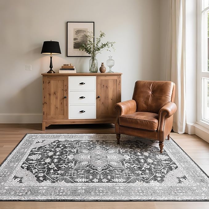 Living Room Rug 6x9 Rug, Machine Washable Area Rug Non Slip Low Pile Vintage Rug for Living Room, Bedroom, Farmhouse, Dining Room, Kids Playroom, Grey