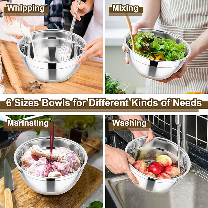 TeamFar Mixing Bowls, Stainless Steel Nesting Salad Bowl with Lids & 3 Graters, For Kitchen Cooking Serving Prepping, Airtight & Non-Slip, Size 4.6/3.5/2/1.5/1/0.7 QT, Set of 5 & Khaki