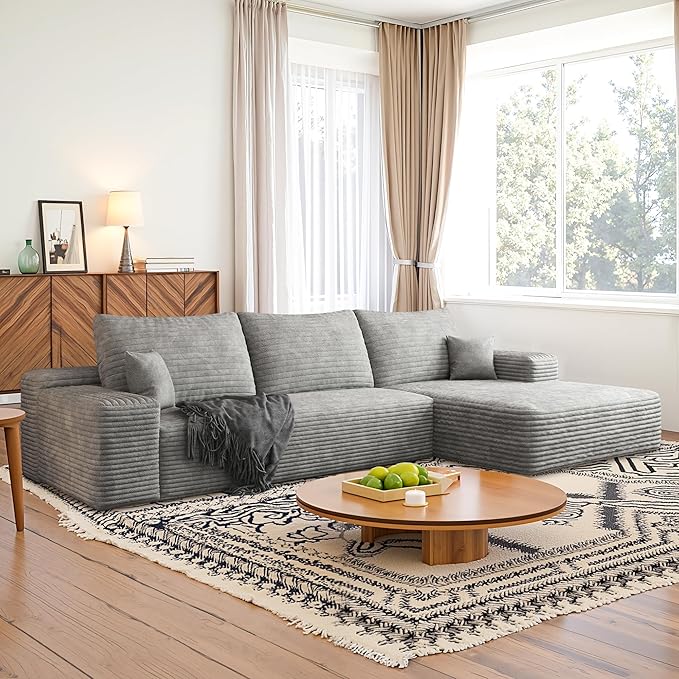 Sectional Couches for Living Room 112" L-Shape Cloud Couch Modern Modular Sectional Sofa Bad, Boneless Couch with Right Deep Seat, No Assembly Required (Plush Corduroy Fabric, Grey)
