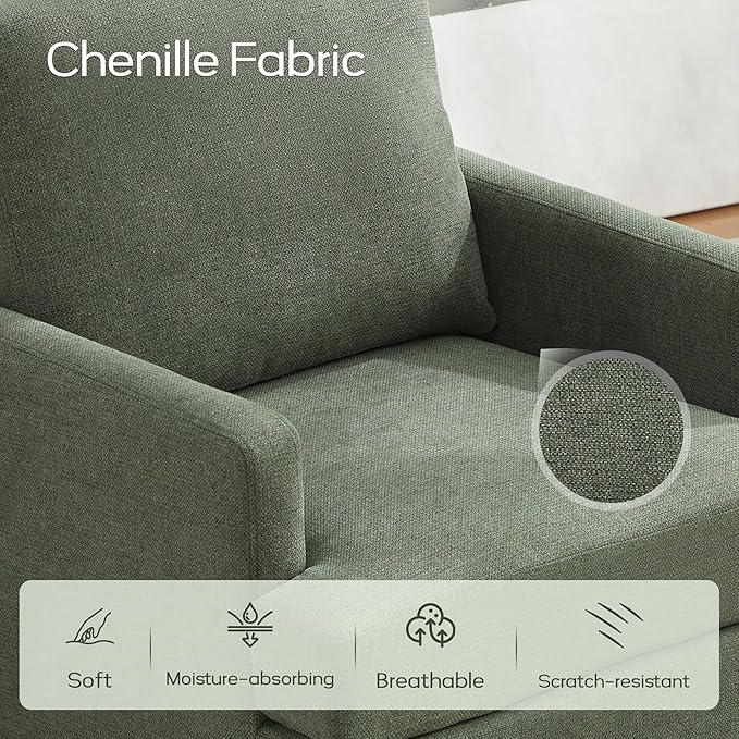VKNOW Mid-Century Accent Chair, Modern Upholstered Chenille Armchair for Living Room,Comfy Reading Accent Chairs with Wood Legs for Bedroom, Green Polyester