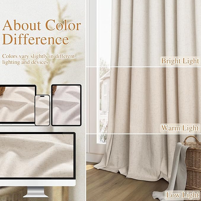 Guken Linen Blackout Curtains 96 Inch Length 2 Panels Set for Living Room Bedroom Back Tab Thermal Insulated 100% Black Out Linen Drapes Room Darkening Window Curtains 40 Wide