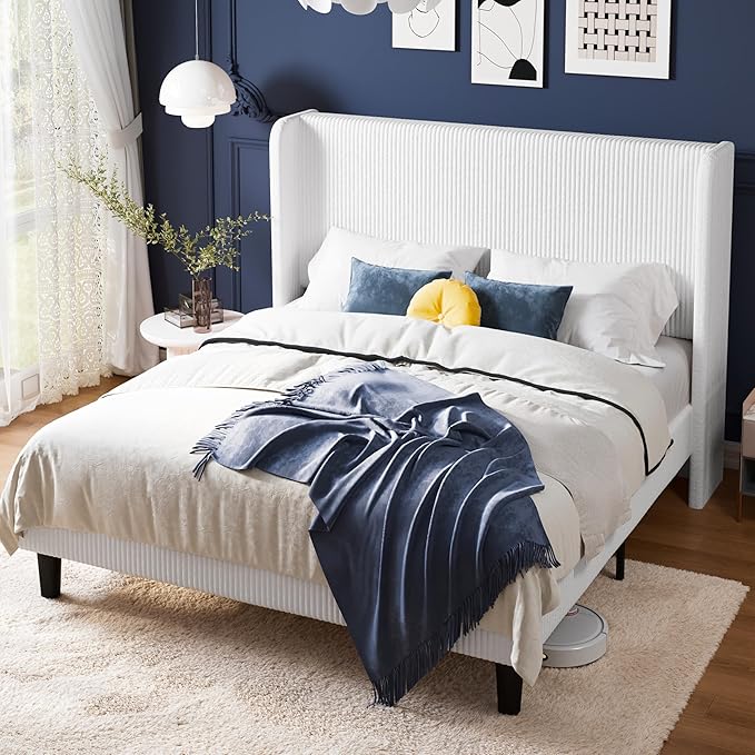 Allewie Queen Size Bed Frame with Upholstered Wingback Headboard, Vertical Channel Tufted Corduroy Velvet Platform Bed, Strong Wooden Slats Support, No Box Spring Needed, Easy Assembly, Sturdy,White