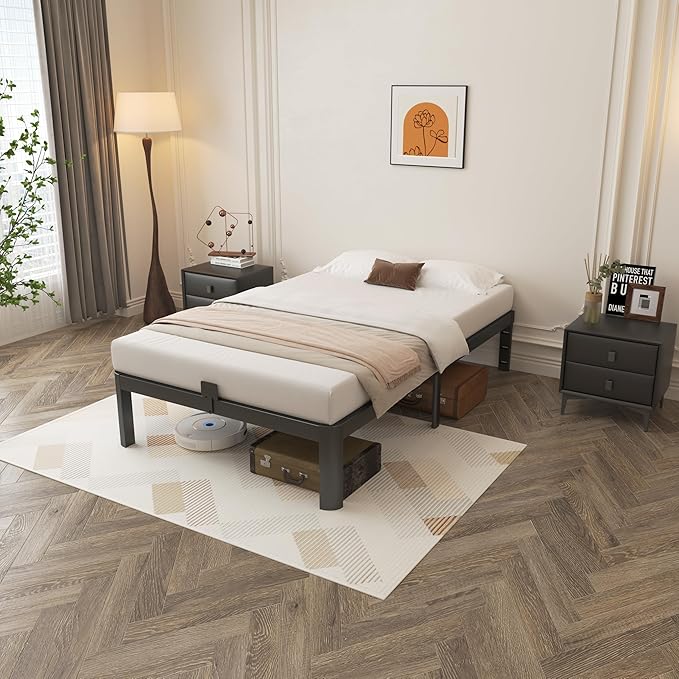 Black 12 Inch Twin Bed Frames with Gaskets, Metal Twin Size Bed Frame No Box Spring Need, Heavy Duty Steel Platform Support, Round Corner Desgin, Reserved Holes, Storage Space, Noiseless