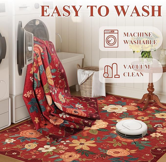 DUKINO 5x7 Area Rug, Floral Rugs for Living Room, Lightweight Non Slip Washable Rug, Indoor Low Pile & Non-Shedding Boho Design Rugs for Bedroom, Living Room, Dining Room, Red