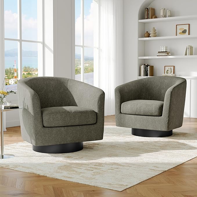 Swivel Barrel Accent Chair, Modern Round Chenille Fabric Arm Chair for Living Room, Bedroom, Comfy Club Reading Chairs for Adults(Chenille Fabric, Tan, Set of 2