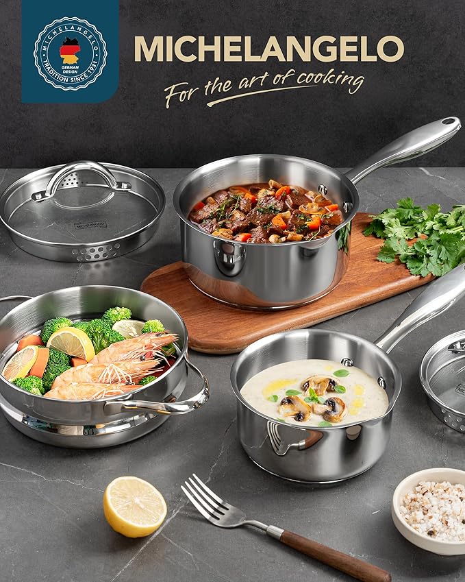 MICHELANGELO Stainless Steel Sauce Pot Set with Steamer 5Pcs, 18/10 Saucepan Set with Pour Spout & Strainer Glass Lids, Sauce pan with Triply Bottom Induction Compatible - 1QT & 2QT