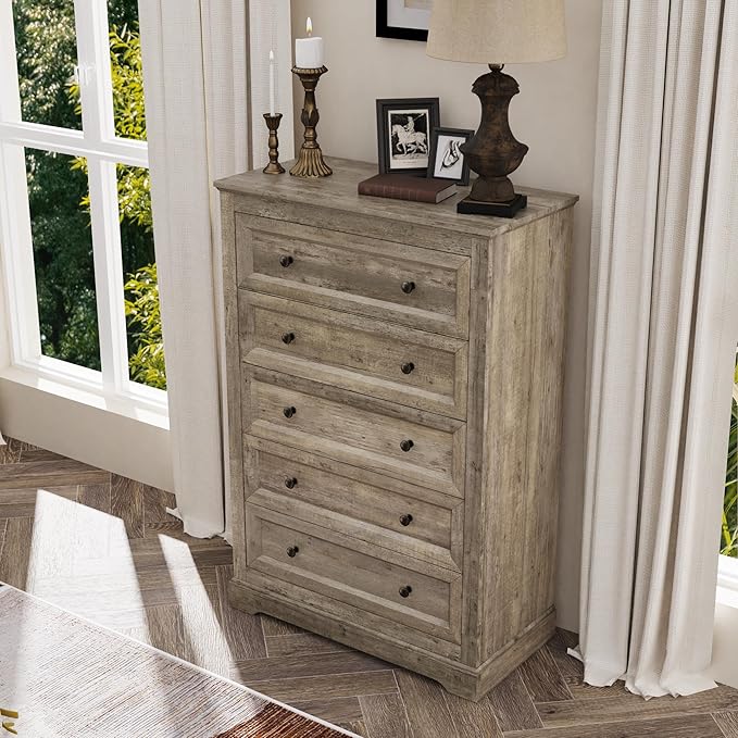 KIGOTY Dresser for Bedroom with 5 Drawers, Tall Wood Chest of Drawers, 5 Drawer Dresser Cabinets, Farmhouse Closet Clothes Organizer, Storage Cabinet with Metal Handles for Living Room (Grey)