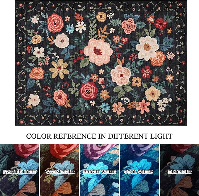 DUKINO 6x9 Area Rug, Floral Rugs for Living Room, Lightweight Non Slip Washable Indoor Low Pile & Non-Shedding Boho Design Carpet for Bedroom, Living Room, Dining Room, Black