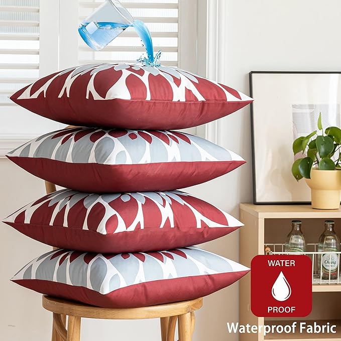 Qahing Pack of 4 Outdoor Waterproof Pillow Covers 16x16 Decorative Outdoor Throw Pillows Garden Square Cushion Cases for Patio Furniture, Couch, Tent Sunbrella, Bench, Burgundy Red Grey