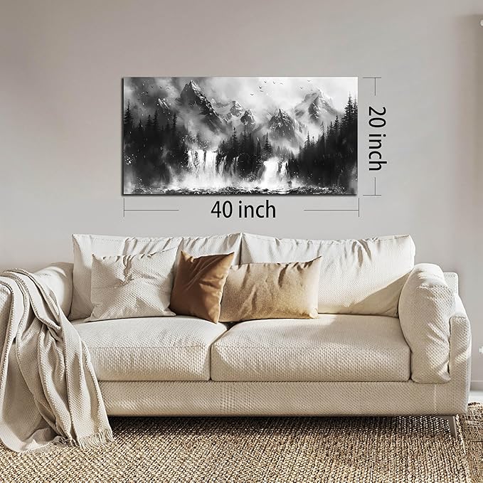 Mountain Wall Art For Office - Black And White Pictures Wall Art For Living Room - Forest Wall Decor For Bedroom Size 20" x 40"