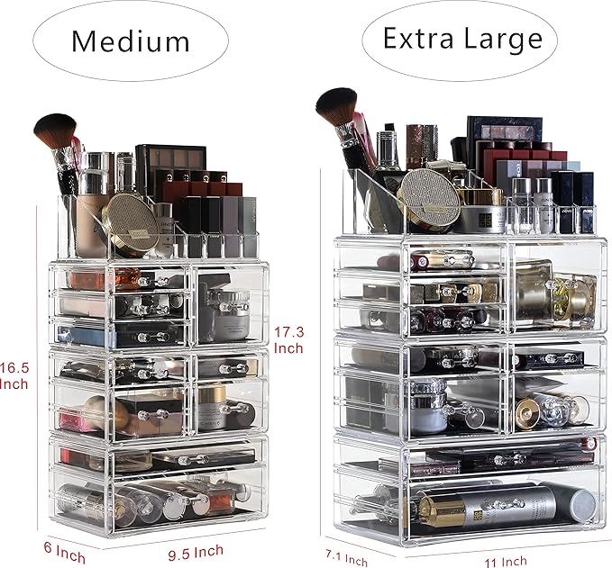 Cq acrylic 4 Pack Clear Make up Organizer Countertop,Stackable 10 Drawers Makeup Storage,Cute Vanity Organizers for dresser Hair Clip,Jewelry,Beauty Product Desk and Bathroom Organizers and Storage