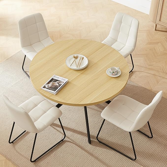 45.3 Inch Round Dining Table Set for 4, Mid Century Modern Small Coffee Set for Dining Room Kitchen Apartment (Cream Table + 4 U-Shaped White Chairs)