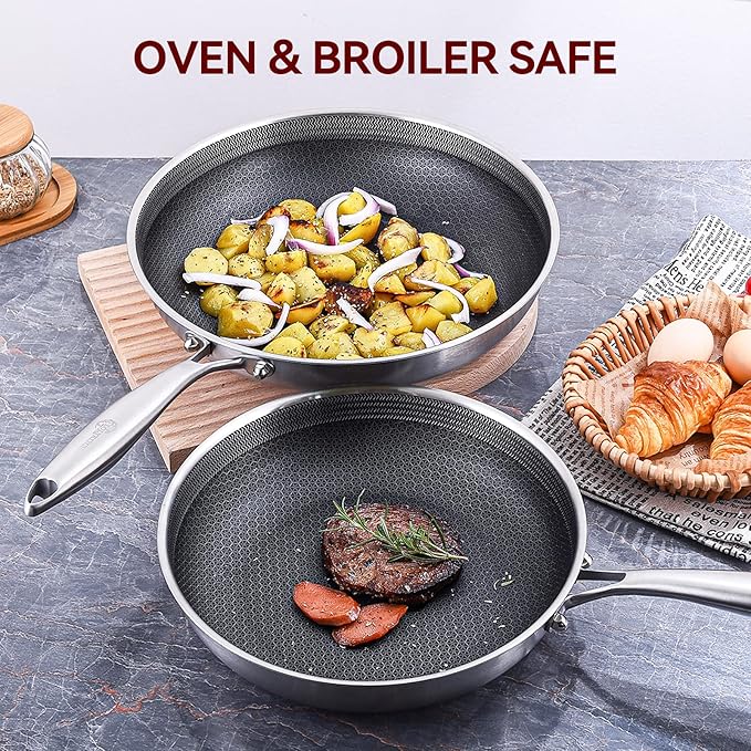 Inqibee 8.5-10 Inch Hybrid Non Stick Tri-Ply Stainless Steel Frying Pan Set with Lid,Inductiong Cooking Pans Set of 2,Dishwasher and Oven Safe