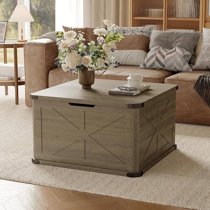 HOPUBUY Farmhouse Coffee Table with Hidden Storage - Rustic Wood Center Table for Living Room, Metal Corner Reinforcement, Square Design with Flip-Top Compartment, Brown