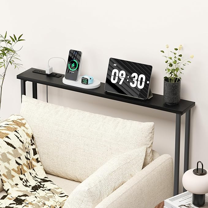 GRLEAF 39" Narrow Console Sofa Table with Built-in Power Strip (4 AC Outlets & 4 USB Ports) – 4.9ft Power Cord, Metal Frame, Easy Assembly, Ideal for Behind Couch, Hallway, and Home Office | Black