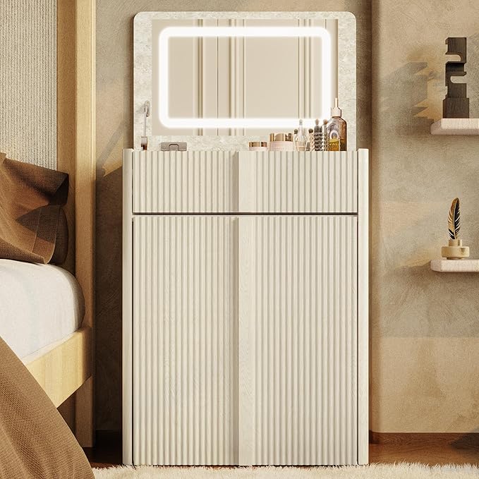 24" Vanity with Chair, Makeup Vanity Desk with Lights and Flip Top Mirror, Compact Vanity with 2 Drawers, Reinforced Legs, Whitewashed Oak