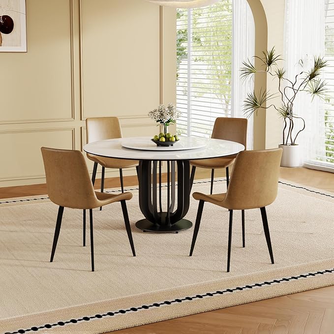 Dining Table Set with 8 Chairs, 59" Round Modern Marble Dining Table with Lazy Susan, Sintered Stone Top for Kitchen, Dining Room, Dinette