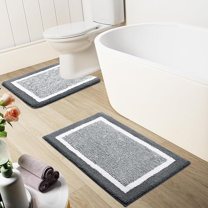 OLANLY Toilet Rugs U-Shaped 24x20, Extra Soft and Absorbent Microfiber Bathroom Rugs, Non-Slip, Machine Wash Dry, Plush Shaggy Contour Bath Mats for Toilet Base (Dark Grey and White)