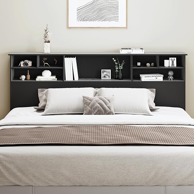 King Size Headboard only for Bedroom, Stylish King Bookcase Headboard with Built-in Charging Station & 2 LED Lights, Noise-Free Wood HeadBoard with Storage, Bookshelf Headboards Black