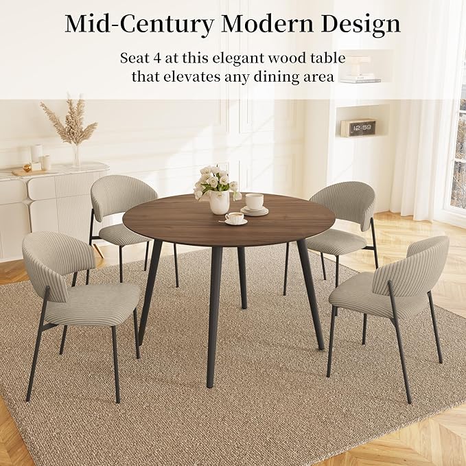 43.3 Inch Round Dining Table Set for 4, Modern Small Kitchen Coffee Set for Dining Room Kitchen Apartment (Walnut Table + 4 Grey Shell Chairs)