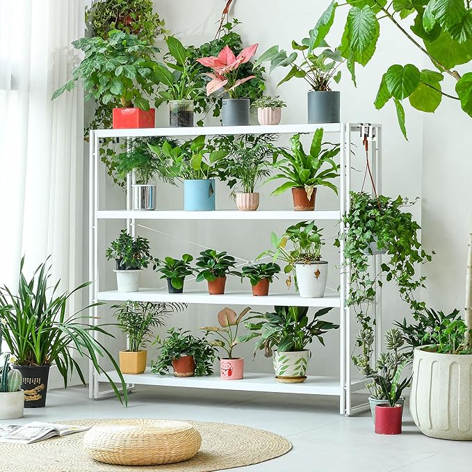 HCHQHS Bookshelf, 4-Tier Industrial Bookcase, White Open Book Shelf, Freestanding Tall Bookshelves with Metal Frame