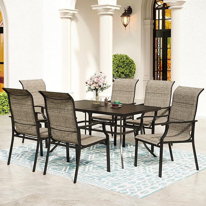 7 Piece Patio Dining Sets for 6, Metal Outdoor Table and Chairs Set with 1 Patio Dining Table(1.57-1.9" Hole) and 6 Textilene Patio Dining Chairs, Outdoor Dining Set for Deck Backyard