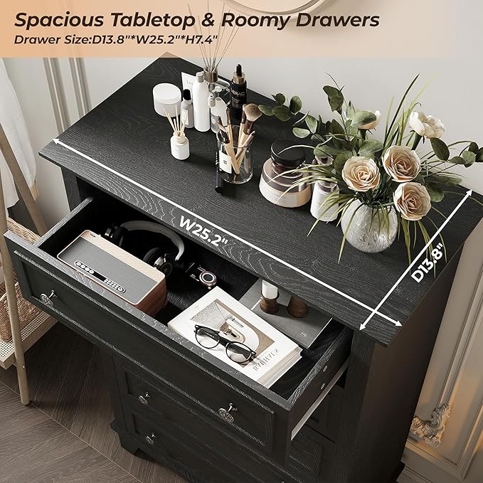 GAOMON Black 5 Drawer Dresser for Bedroom, 48" Tall Wood Dresser & Chests of Drawers with Deep Drawers, Modern Chest Organizer with Metal Handles for Living Room, Hallway, Entryway