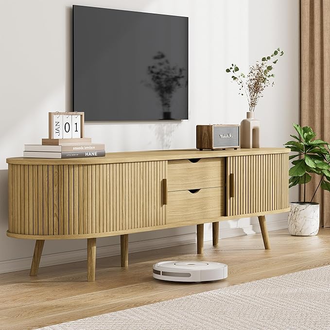 69" Fluted TV Stand, Mid Century Modern TV Stand Fits TVs Up to 75", Wood Entertainment Center for Living Room, Farmhouse TV and Media Console Table with Storage, Curved Edge and Sliding Door, Oak