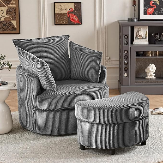 Swivel Accent Chair with Ottoman Comfy Reading Chairs for Bedroom Modern Corduroy Arm Chair 360°Swivel Barrel Chairs for Living Room,Apartment (Dark Grey, 1)