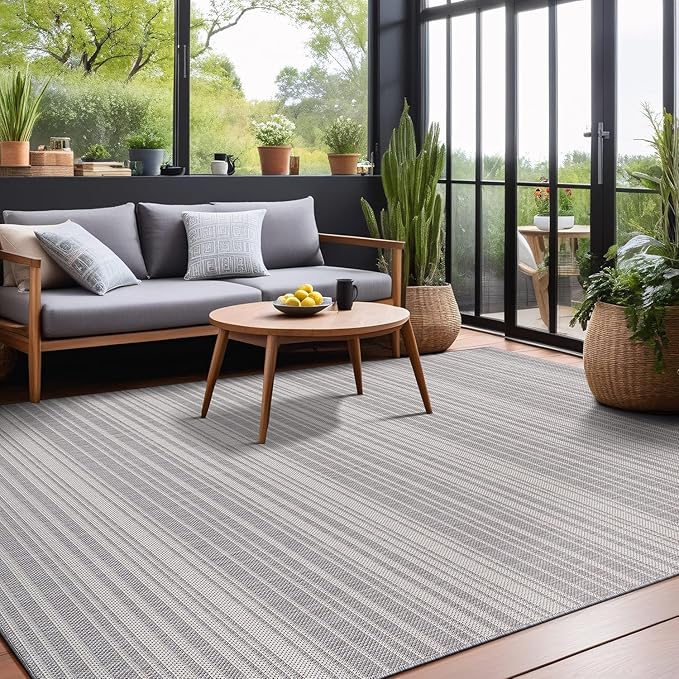 Stripe Outdoor Rug 10x14 Washable Outside Carpet for Indoor Patio Porch Waterproof Easy Cleaning Non Shedding Area Rugs Gray 10 x 14