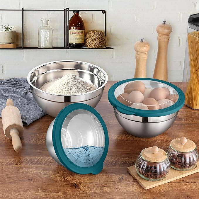 LIANYU Stainless Steel Metal Mixing Bowls, 3 Packs Deep Nesting Mixing Bowls Set for Baking Cooking and Prepping, 4.6 & 3 & 1.5QT Large and Small Size, Include Visible & Airtight Lid, Blue