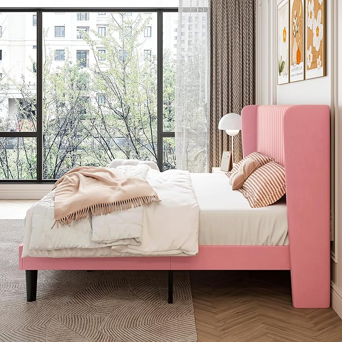 SHA CERLIN King Size Velvet Bed Frame with Vertical Channel Tufted Wingback Headboard, Upholstered Platform Bed with Wood Slats, No Box Spring Needed, Easy Assembly, Pink
