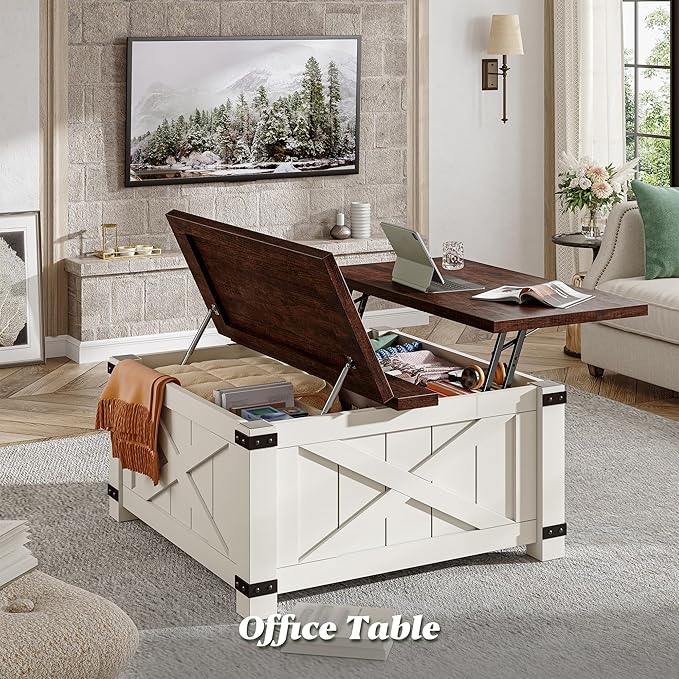 EnHomee Lift Top Coffee Table with Storage, 36" Farmhouse Coffee Tables for Living Room, Square Coffee Table with Large Hidden Space, for Living Room, Bedroom, Home Office, White
