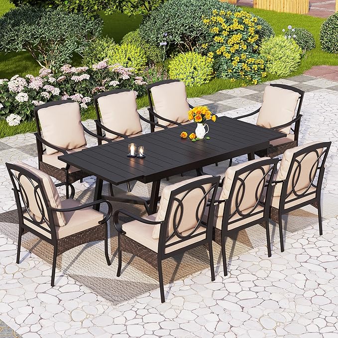 PHI VILLA Heavy Duty 9-Piece Patio Dining Sets, Expandable Outdoor Table and Chairs Set for 8, 8 Extra Large Dining Chairs, Rectangular Metal Dining Table for Deck, Backyard and Garden