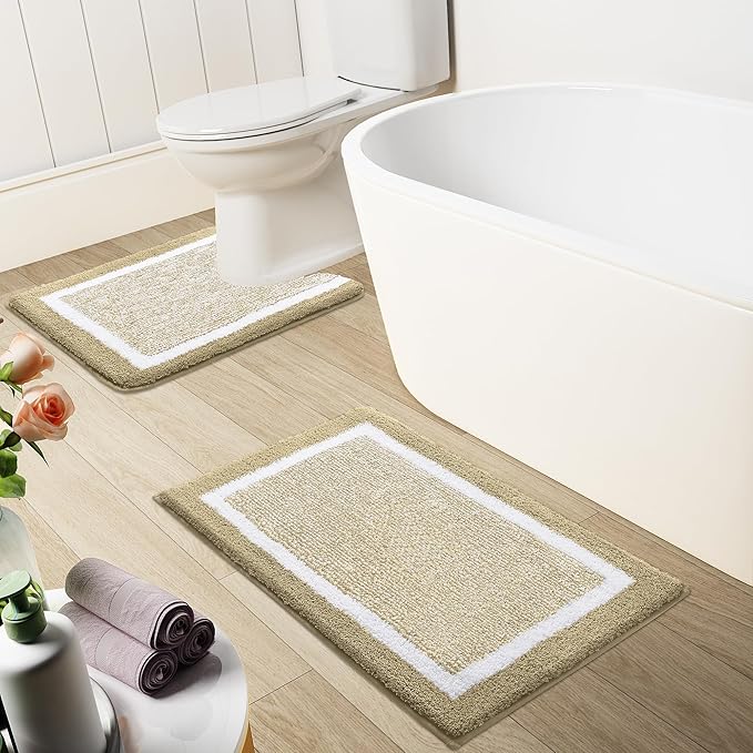 OLANLY Toilet Rugs U-Shaped 24x20, Extra Soft and Absorbent Microfiber Bathroom Rugs, Non-Slip, Machine Wash Dry, Plush Shaggy Contour Bath Mats for Toilet Base (Beige and White)