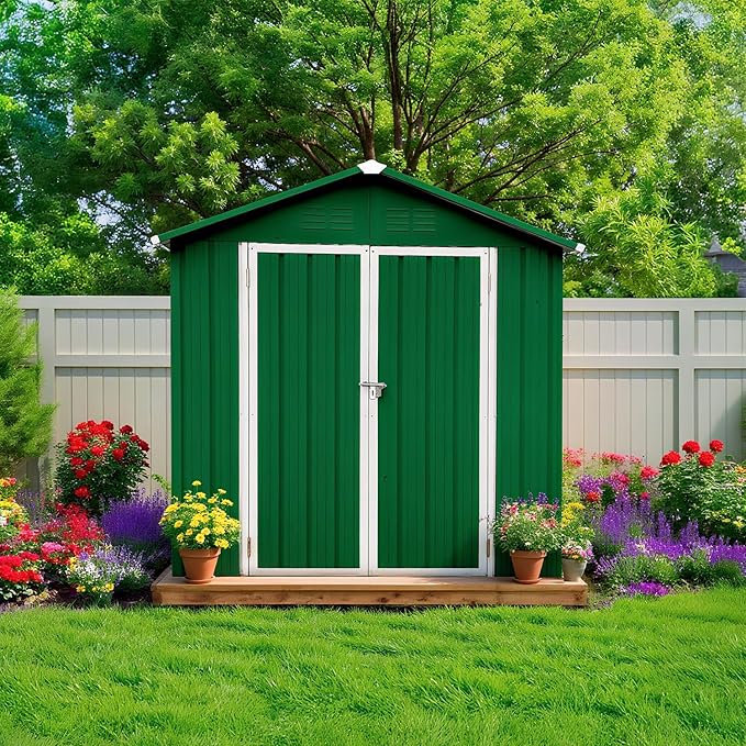 6 x 4 FT Outdoor Storage Metal Shed, Bike Garden Tool Shed with Slooping Roof, Lockable Doors and Aluminum Frames, Shed Easy to Assemble for Garden, Patio, Lawn, Green